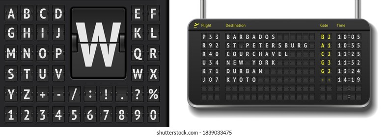 3d horario de la aerolínea con salida o llegada con sombras. Cartel de vuelo realista aislado. Plantilla de marcador de aeropuerto de volcado negro vectorial. Tipo de letra de placa de aeropuerto analógico en fondo oscuro