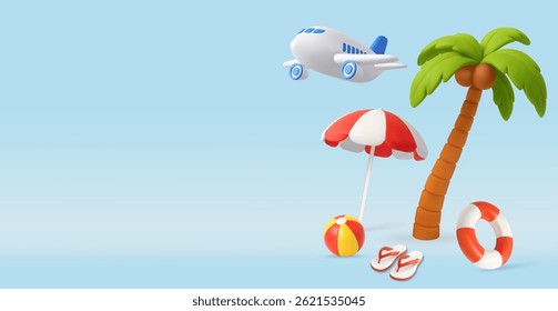 3D airplane above beach scene with palm tree, umbrella, flip flops, beach ball, and lifebuoy on a blue background. Summer Journey, Time to Travel Concept. 3d rendering. Vector illustration