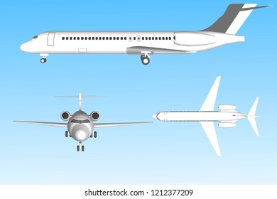 3D Airplane, airplane, airliner in different view of view vector. Set of airplanes front side and top illustration.