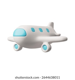 3D airplane with blue portholes, perspective view cartoon plastic style vector illustration. White commercial jet airplane isolated. Realistic passenger plane. Air transport