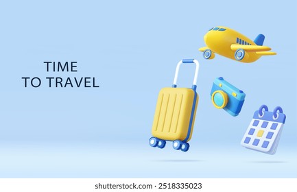 3D airplane, camera, Calendar and suitcase. Travel online concept. 3d rendering. Vector illustration