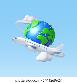 3D Airplane in Clouds and Globe Isolated. Render World Travelling by Plane. World Map with Aircraft. Time to Travel Concept, Holiday Planning. Tourist Worldwide Transportation. Vector Illustration