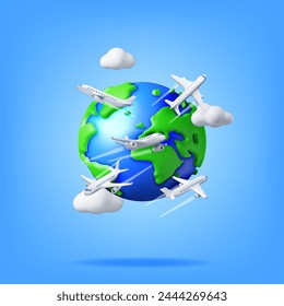 3D Airplane in Clouds and Globe Isolated. Render World Travelling by Plane. World Map with Aircraft. Time to Travel Concept, Holiday Planning. Tourist Worldwide Transportation. Vector Illustration