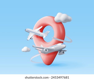 3D airplane in clouds and location pin. Render world travelling by plane. Aircraft around location pin. Time to travel concept, holiday planning. Tourist worldwide transportation. Vector illustration