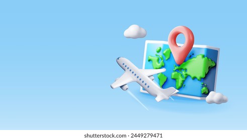 3D airplane in clouds and paper map. Render world travelling by plane. World map with location pin. Time to travel concept, holiday planning. Tourist worldwide transportation. Vector illustration