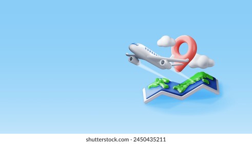 3D airplane in clouds and paper map. Render world travelling by plane. World map with location pin. Time to travel concept, holiday planning. Tourist worldwide transportation. Vector illustration