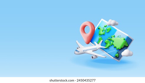 3D airplane in clouds and paper map. Render world travelling by plane. World map with location pin. Time to travel concept, holiday planning. Tourist worldwide transportation. Vector illustration