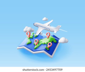 3D airplane in clouds and paper map. Render world travelling by plane. World map with location pin. Time to travel concept, holiday planning. Tourist worldwide transportation. Vector illustration