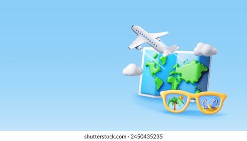 3D airplane in clouds, sunglasses and paper map. Render world travelling by plane. World map with location pin. Time to travel, holiday planning. Tourist worldwide transportation. Vector illustration