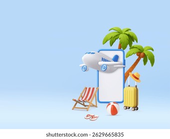 Avião 3D emergindo do smartphone, simbolizando a reserva de viagens digitais com equipamentos de praia e palmeiras. Conceito de férias de verão e viagens aéreas. renderização 3d. Ilustração vetorial