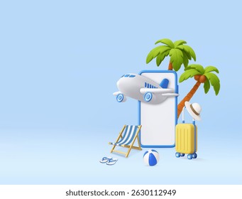 Avião 3D emergindo do smartphone, simbolizando a reserva de viagens digitais com equipamentos de praia e palmeiras. Conceito de férias de verão e viagens aéreas. renderização 3d. Ilustração vetorial
