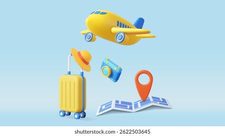 3D airplane flying above a suitcase, sunhat, map, and location pin, symbolizing travel planning and vacation flights. 3d rendering. Vector illustration