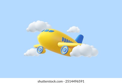 3d Airplane flying in clouds for travel or summer journey. Tourism plane trip planning world tour. 3d rendering. Vector illustration