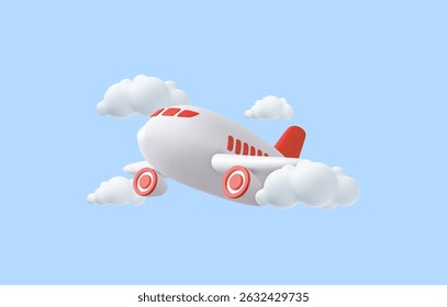 3d Airplane flying in clouds for travel or summer journey. Tourism plane trip planning world tour. 3d rendering. Vector illustration