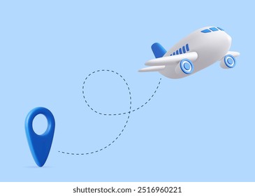 3D Airplane flying and leaves a trace line. Airplane line path routes. 3d rendering. Vector illustration