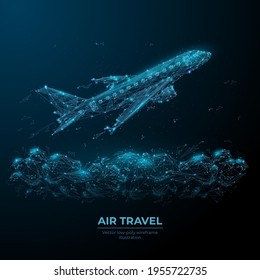 3d airplane flying over clouds. Digital vector airliner in the sky. Air travel, airline transportation concept. Low poly dark blue wireframe with dots, lines and flying particles look like debris

