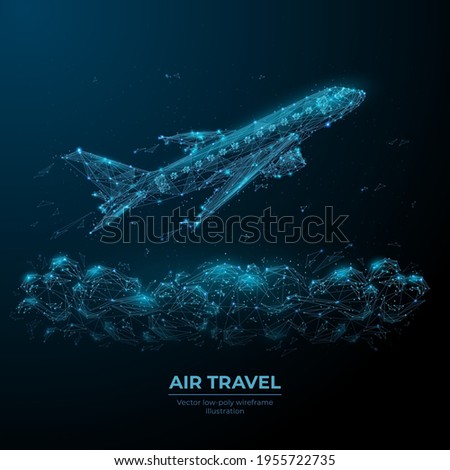 3d airplane flying over clouds. Digital vector airliner in the sky. Air travel, airline transportation concept. Low poly dark blue wireframe with dots, lines and flying particles look like debris

