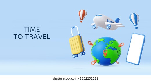 3D airplane, globe with map pins, suitcase, hot air balloons,smartphone, and clouds, symbolizing modern adventure and vacation planning. holiday summer concept. 3d rendering. Vector illustration