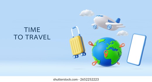3D airplane, globe with map pins, suitcase, smartphone, and clouds, symbolizing modern adventure and vacation planning. holiday summer concept. 3d rendering. Vector illustration