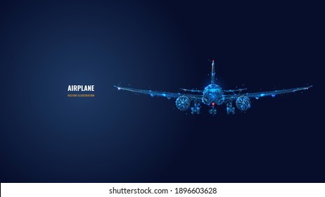 3d airplane isolated in dark blue. Abstract vector wireframe of airliner. Travel, tourism, business, airline transportation concept. Low poly glowing mesh with dots, lines, stars and flying particles
