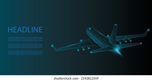 3d airplane isolated in dark blue. Abstract vector wireframe of airliner. Travel, tourism, business, airline transportation concept. Low poly glowing mesh with lines and lights. Modern plane design.