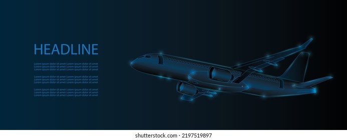 3d airplane isolated in dark blue. Abstract vector wireframe of airliner. Travel, tourism, business, airline transportation concept. Low poly glowing mesh with lines and lights. Modern plane design.