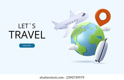 3D airplane and luggage or baggage floated in front of the passport for air transport media and tourism during high season, vector 3d isolated on light background for travel transport advertising 3D