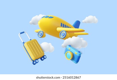 3d airplane, luggage and photo camera in a cloudy sky. Vacation and travel concept . 3d rendering. Vector illustration