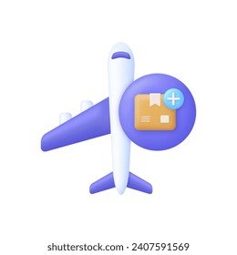 Avión 3D con paquete y icono más. Concepto de entrega. Añadir un icono. Símbolo de transporte de vuelo. Concepto de viajes. Vector moderno y de moda en estilo 3d.