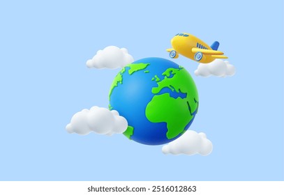 3d Airplane and planet flying in clouds for travel or summer journey. Tourism plane trip planning world tour. 3d rendering. Vector illustration