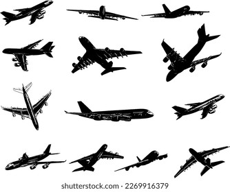 3D-Flugzeugsatz aus verschiedenen Blickwinkeln, Silhouette aus verschiedenen Blickwinkeln, Flugzeuglage aus verschiedenen Blickwinkeln, Stockillustrationen von Flugzeugen aus verschiedenen Blickwinkeln