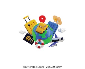 3d airplane with small island icon on suitcase, globe icon, beach hat and Floating lifebuoy with passport icon 3d Render concept of Travel icon design, Holiday or vacation Transportation