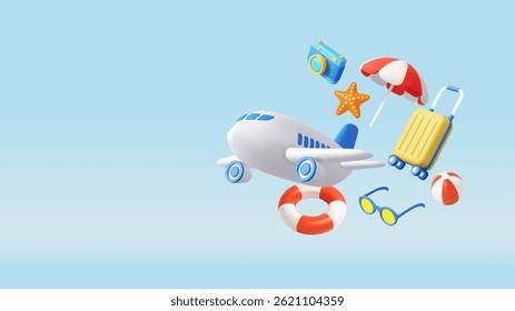 Avião 3D cercado por itens de viagem de verão como mala, guarda-chuva, óculos escuros, boia salva-vidas e estrela-do-mar. Viagem de Verão, conceito de tempo para viagem. renderização 3d. Ilustração vetorial