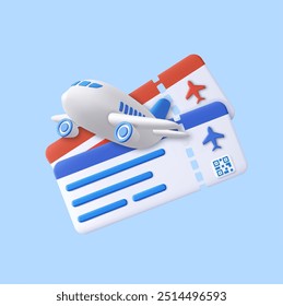 3d airplane tickets. Booking ticket, Airline boarding pass ticket, Airline passenger plane ticket, Travel or tourism, holiday, coupon travel. 3d rendering. Vector illustration