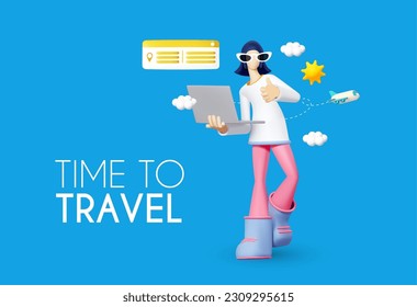 3D airplane travel concept. Booking service design with girl character. Travel agency. Online ticket booking.