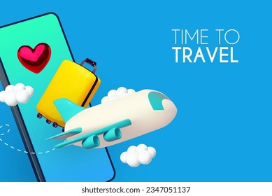3D airplane travel concept. Booking service design. Travel agency. Online ticket booking