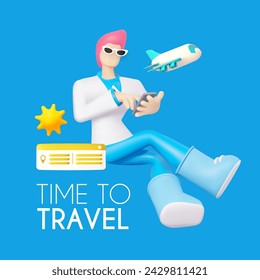 3D airplane travel concept. Booking service design with man character. Travel agency. Online ticket booking