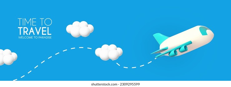 3D airplane travel concept. Plane in sky with clouds. Booking service design