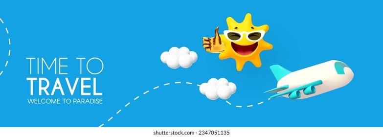 3D airplane travel concept. Plane in sky with clouds and smiling sun. Booking service design