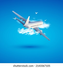 3d airplane. Travel and tourism background. Buying or booking online tickets. Travel, Business flights worldwide. 3d realistic vector illustration.