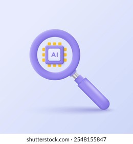 3D AI-search icon. A magnifying glass with AI chip processor.  3D design of Searching or finding and analysis by Machine learning. Artificial intelligence technology.  Vector illustration.