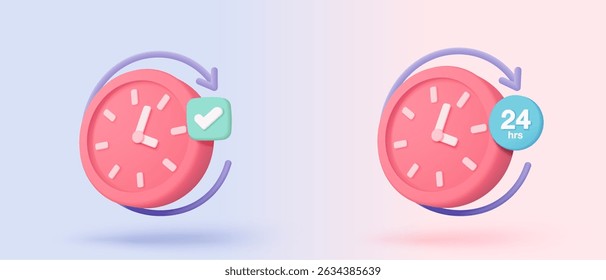 3d alarm clock 24 hours icon for speed delivery concept. Pink watch minimal design concept of time, service and support around clock, 24 hours a day. 3d clock icon vector rendering illustration