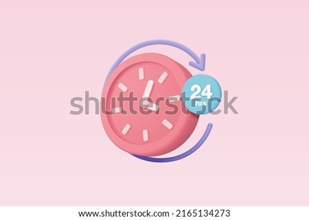 3d alarm clock 24 hours icon for speed delivery concept. Pink watch minimal 3d design concept of time, service and support around clock, 24 hours a day. 3d clock icon vector rendering illustration