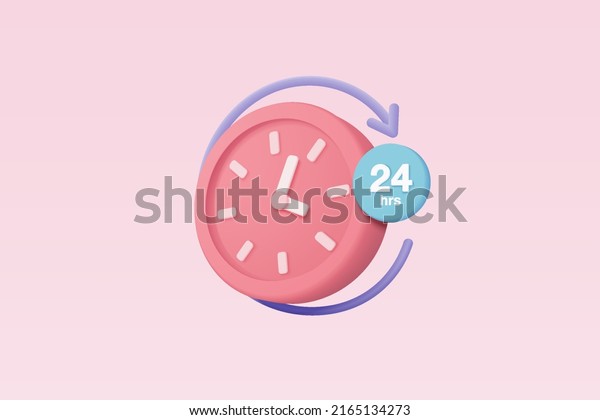 3d alarm clock 24 hours icon for speed\
delivery concept. Pink watch minimal 3d design concept of time,\
service and support around clock, 24 hours a day. 3d clock icon\
vector rendering\
illustration