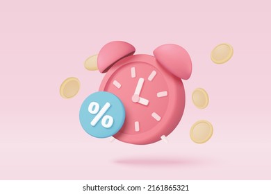 3d Alarm Clock Is Alerting With Cion Floating Around And Promotion Tags For Discount Money Concept. 3d Reminder Promo For Shopping Online. 3d Promo Sale Alerting Icon Vector Render Illustration