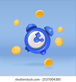 3D Alarm clock and coins. Earnings, financial saving. Business investments,Time is money concept. budget management, concept of work, time to act. Fast money. Vector illustration