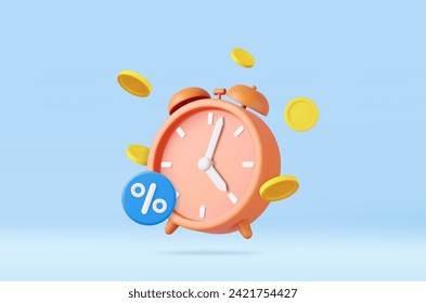 3D Alarm Clock, Coins and promotion tags.discount money concept. 3D Rendering. Vector illustration