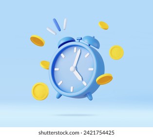 3D Alarm Clock and Coins. Time is money concept. Business investments, earnings and financial savings, budget management, savings account. Fast money. 3D Rendering. Vector illustration