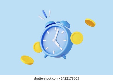 3D Alarm Clock and Coins. Time is money concept. Business investments, earnings and financial savings, budget management, savings account. Fast money. 3D Rendering. Vector illustration