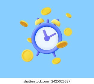 Reloj despertador 3D y monedas. El tiempo es el concepto del dinero. Inversiones empresariales, ganancias y ahorros financieros, gestión presupuestaria, cuenta de ahorros. Dinero rápido. Procesamiento 3D. Ilustración de vector